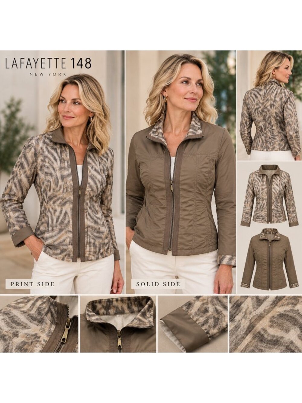 Lafayette 148 New York Reversible Animal Print Taupe Jacket Size 10